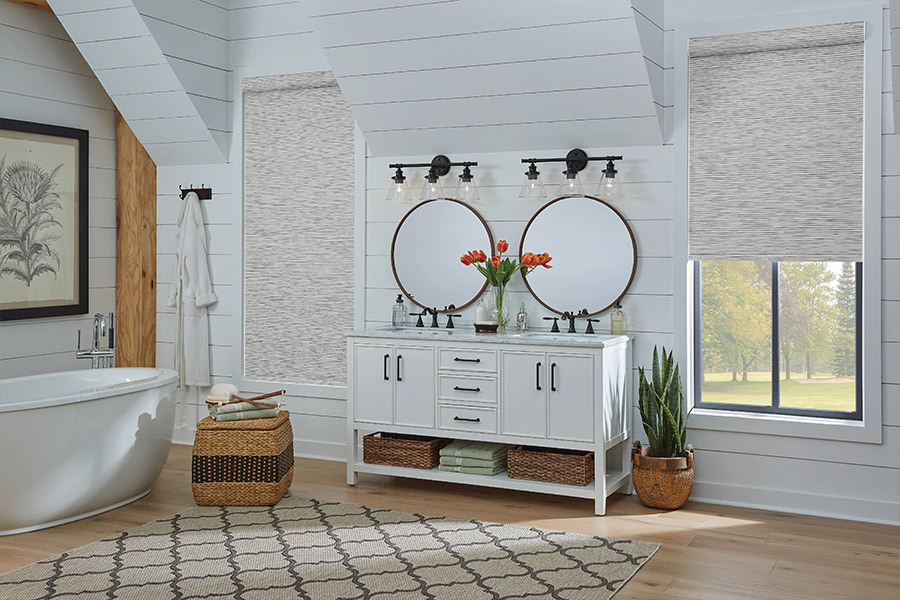 Gray patterned roller shades on bathroom windows